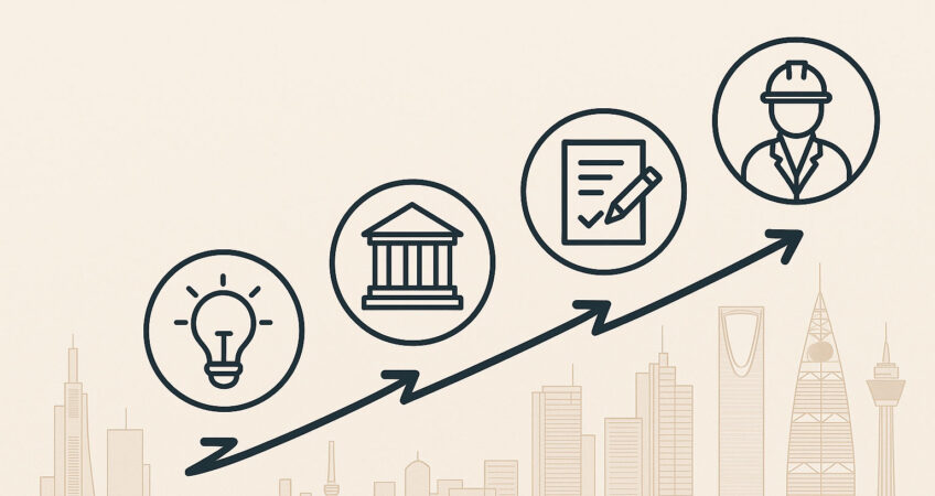 خطة عملية من 5 مراحل تقود مشروعك في الرياض من الفكرة إلى الرخصة والتنفيذ المطابق للكود السعودي، مع تقليل المخاطر والوقت والميزانية عبر مسار واضح وقابل للقياس.