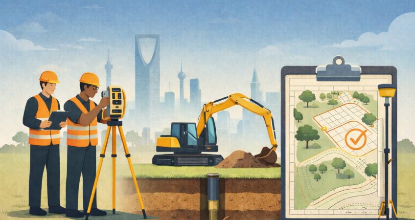 قبل أي مخطط أو عقد، ابدأ بدراسة التربة والرفع المساحي في الرياض. قرار مبكر يمنع تغييرات مكلفة ويضمن تصميمًا حديثًا مطابقًا للكود السعودي بأقل هدر.