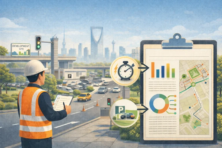 الدراسة المرورية (TIS) في الرياض تقلل الاختناقات، تسرّع اعتماد الجهات، وتمنحك حلولًا عملية للمداخل والمواقف تحمي جدول المشروع وتكلفته.
