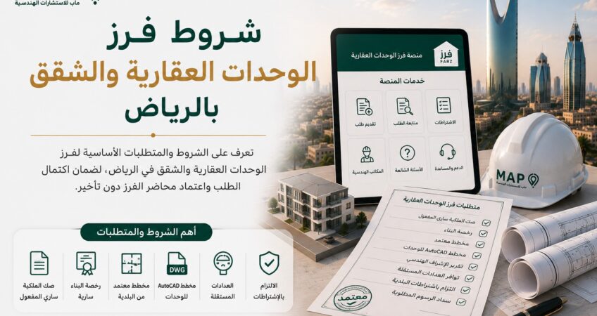 تعرف على شروط فرز الوحدات العقارية والشقق في الرياض، والمتطلبات الأساسية مثل الصك والرخصة والعدادات ومخطط AutoCAD، وما يجب مراجعته قبل تقديم الطلب.