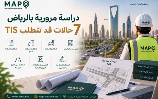 دراسة التأثير المروري TIS تساعد على تقييم حركة المركبات والمداخل والمخارج والمواقف وتأثير المشروع على الطرق المحيطة.