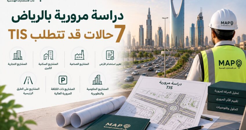 دراسة التأثير المروري TIS تساعد على تقييم حركة المركبات والمداخل والمخارج والمواقف وتأثير المشروع على الطرق المحيطة.