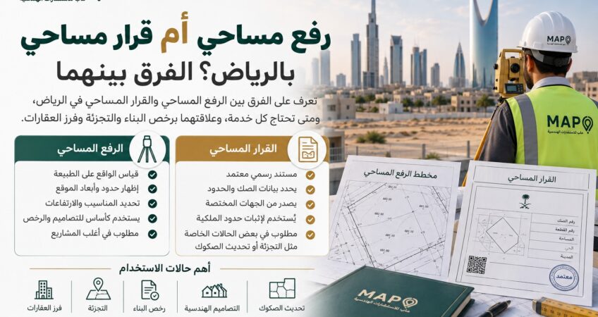 تعرف على الفرق بين الرفع المساحي والقرار المساحي في الرياض، ومتى تحتاج كل خدمة، وعلاقتهما برخص البناء والتجزئة وفرز العقارات.