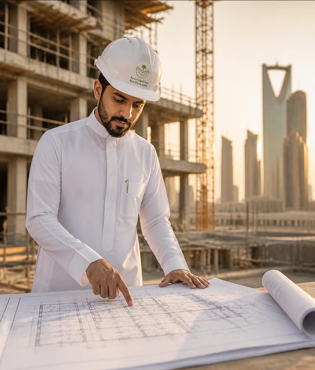 مهندس يراجع المخططات الهندسية في موقع مشروع